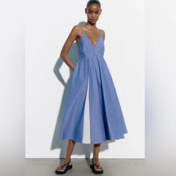 NWT ZARA STRIPED POPLIN BLUE MIDI 100% COTTON SUMMER DRESS - Picture 1 of 9